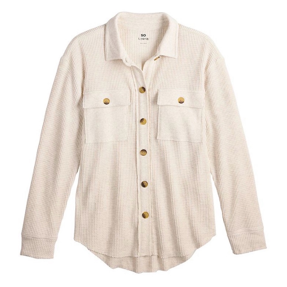 SO Cream Waffle Knit Shirt with Gold Buttons